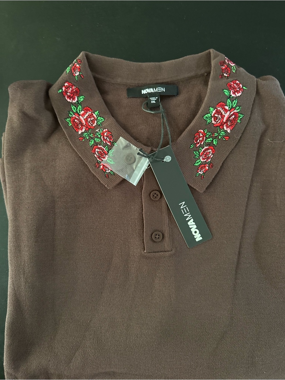 Fashion Nova Men’s Brown Polo with Red Rose Embroidery